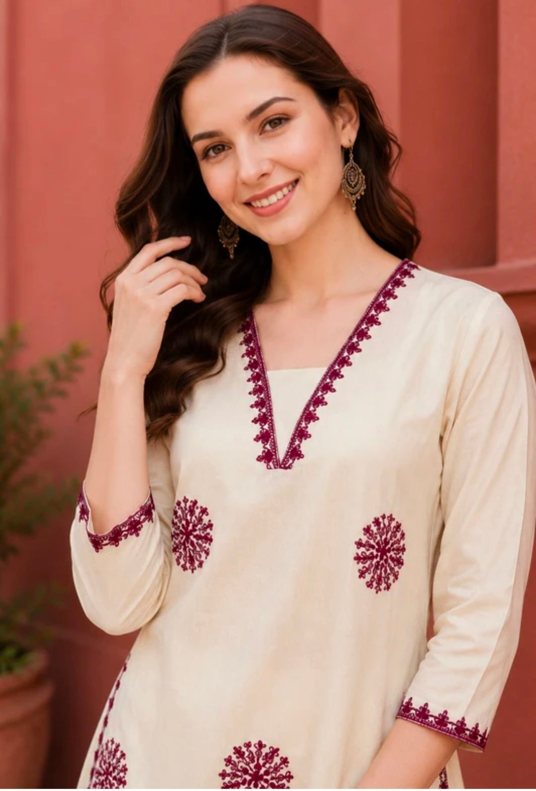 Women's Pure Cotton A-Line Kurta Palazzo Pant Set | Embroidered Ethnic Motifs Style