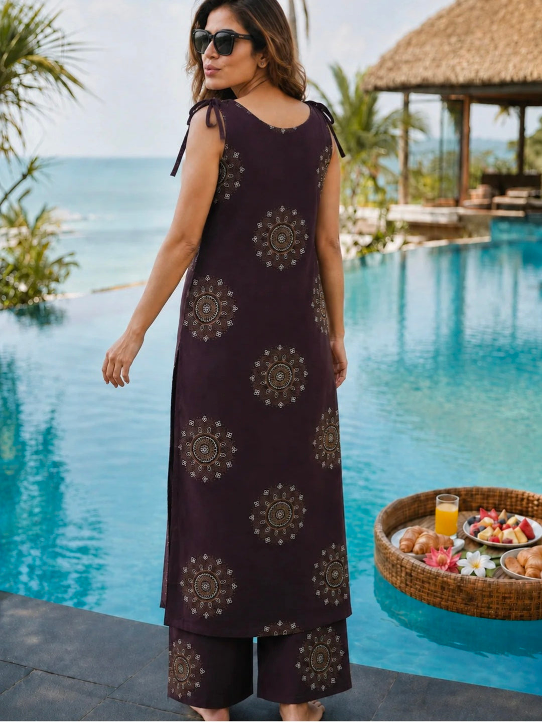 Berrylicious Women Rayon Ethnic Motifs Printed Mirror Embellished Sleeveless Kurta with Palazzo Pants