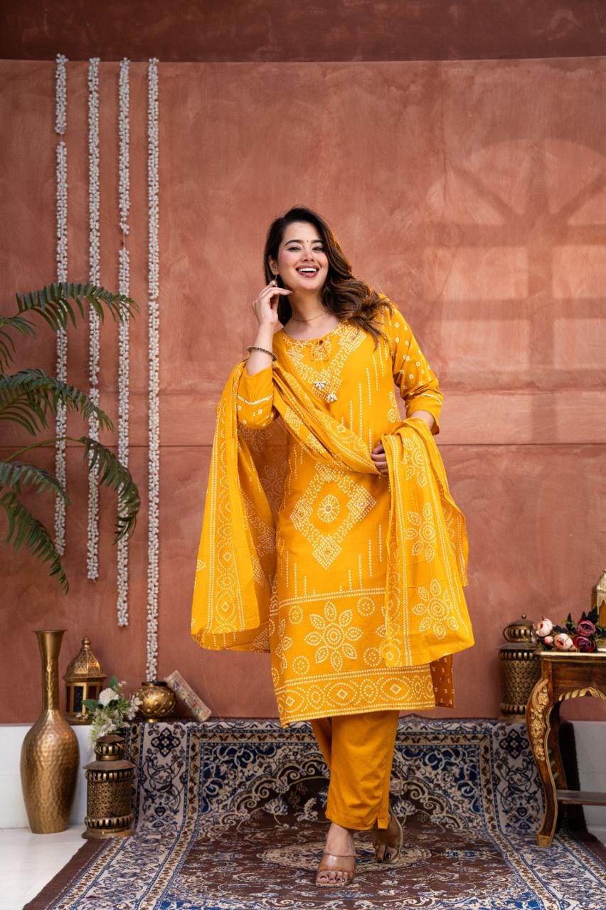 Premium cotton 60_60 3-Piece Set with White Bandhani Block Print.