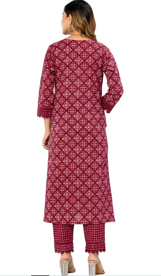 Amayra Women's Cotton Printed Straight Kurta with Pant and Dupatta Set