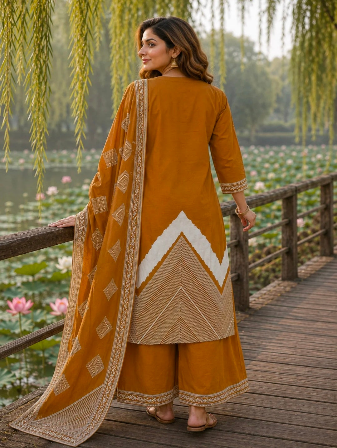 Berrylicious Women Pure Cotton Printed & Hand Embroidered Kurta with palazzo & Dupatta