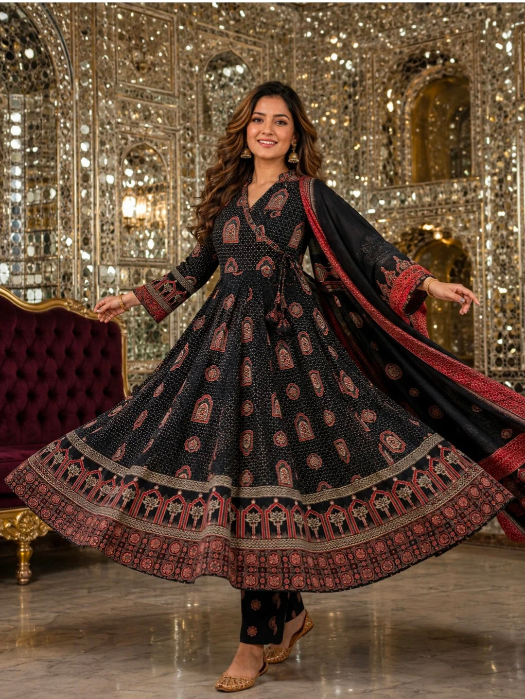Berrylicious Women Motifs Printed Cotton Angrakha Anarkali Flared Kurta with Pant & Dupatta