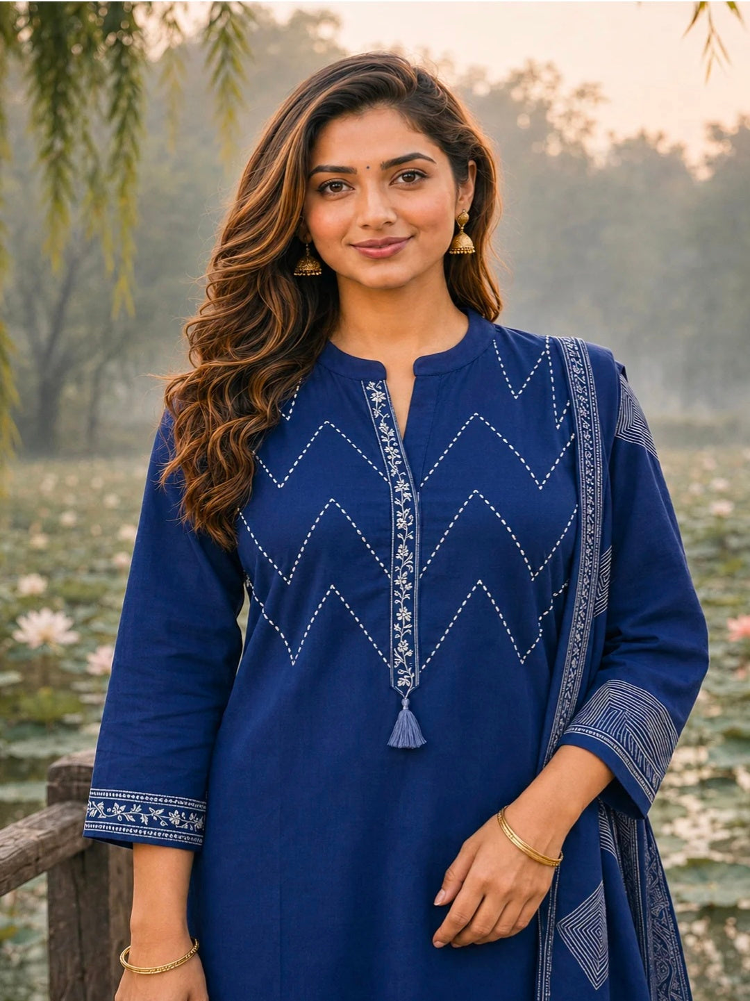 Berrylicious Women Pure Cotton  Printed & Hand Embroidered Kurta with palazzo & Dupatta