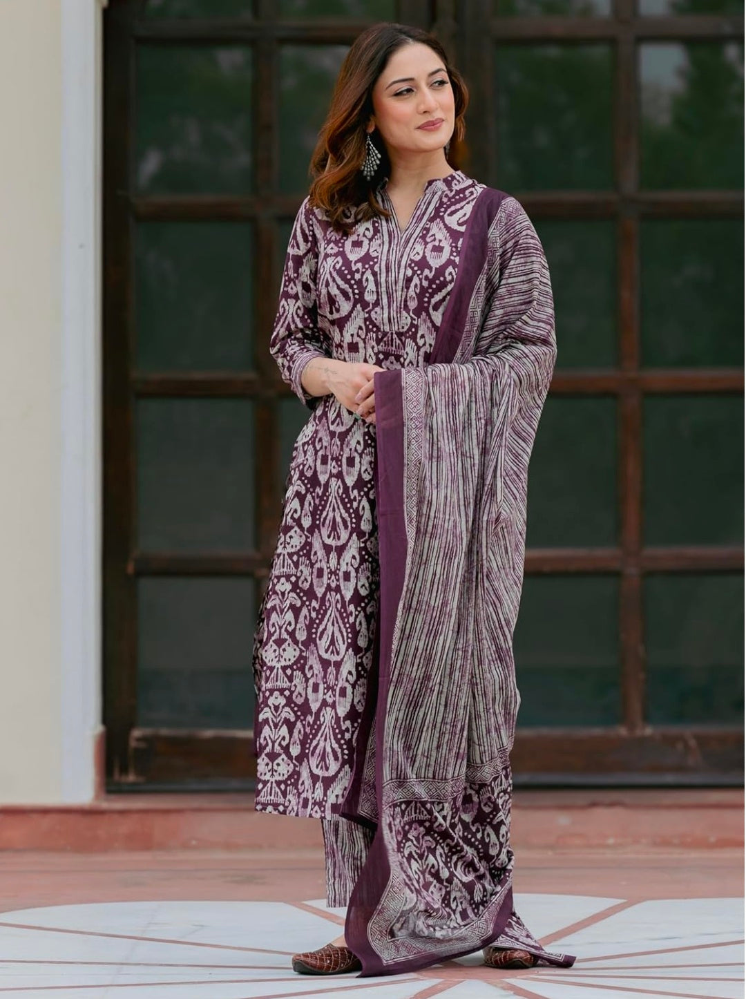 Arayna Women’s 100% Pure Cotton Ikat Printed Ethnic Straight Kurta Pant and Dupatta Set for Women