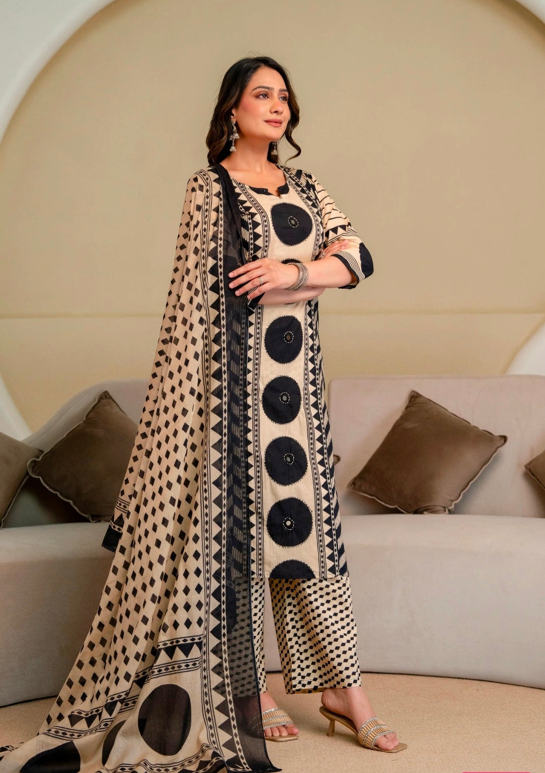 Berrylicious Women Cotton Geometric Printed Straight Kurta Set with Mirror Embroidery & Dupatta