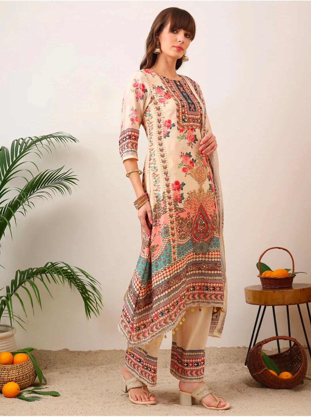 Embroidered & Printed Asymmetric Kurta with Palazzo & Printed Dupatta