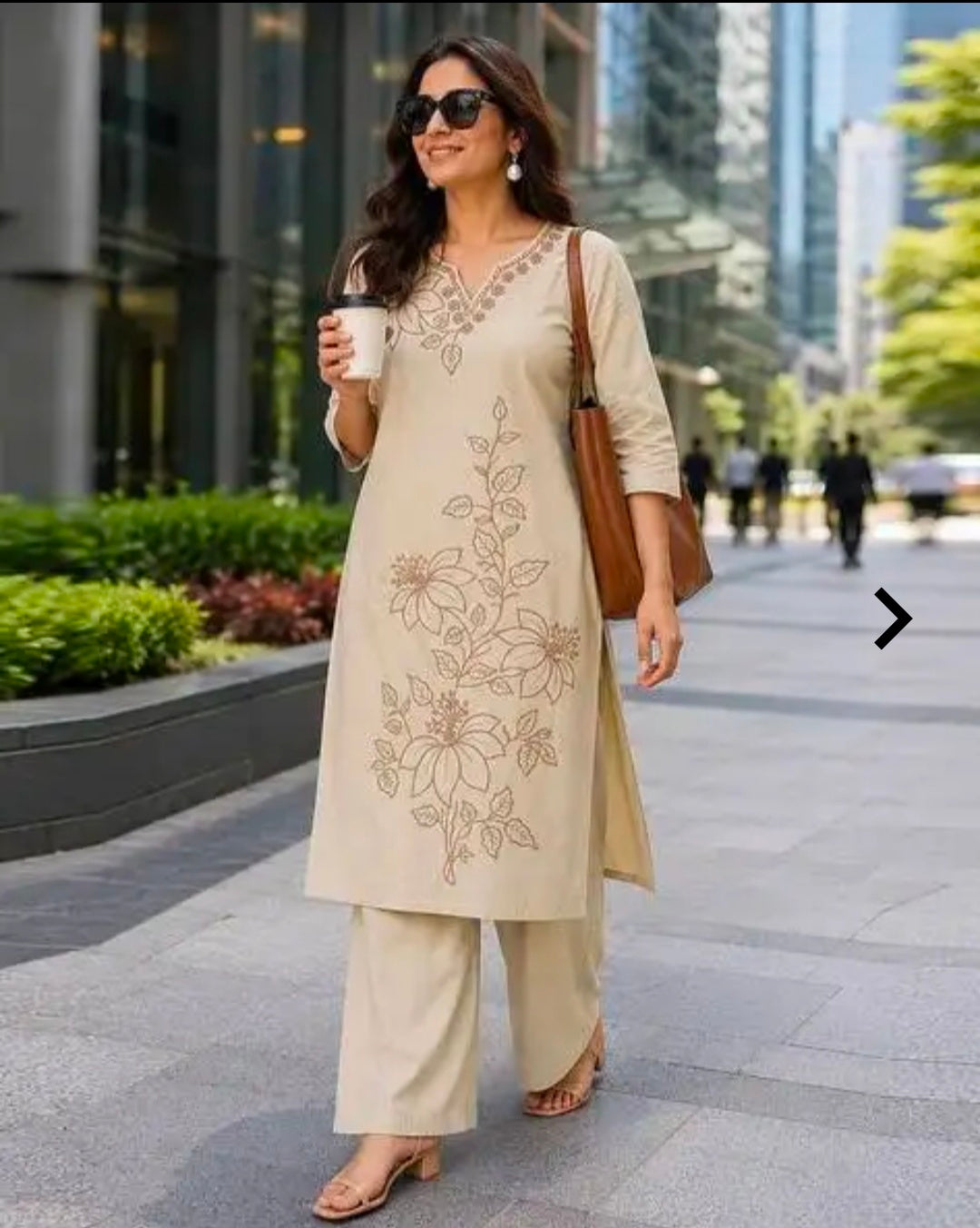 `Women's Cotton Straight Kurta Palazzo Set | Notch-Neckline Statement Embroidered