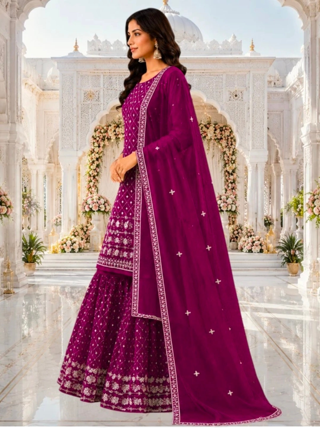 Women's Georgette A-line Kurta Sharara & Dupatta Set | Embroidered Sequenced Mirror Work