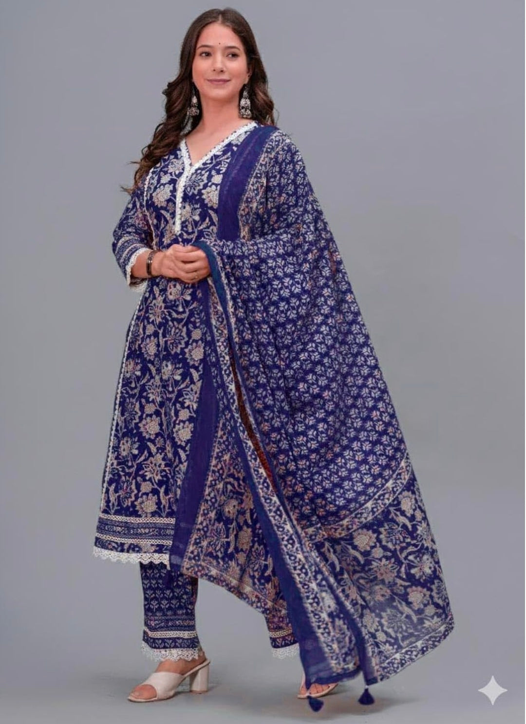 Amayra Women's Pure Cotton Printed Straight Kurta Set with Palazzo Pants & Dupatta- Ethnic Wear