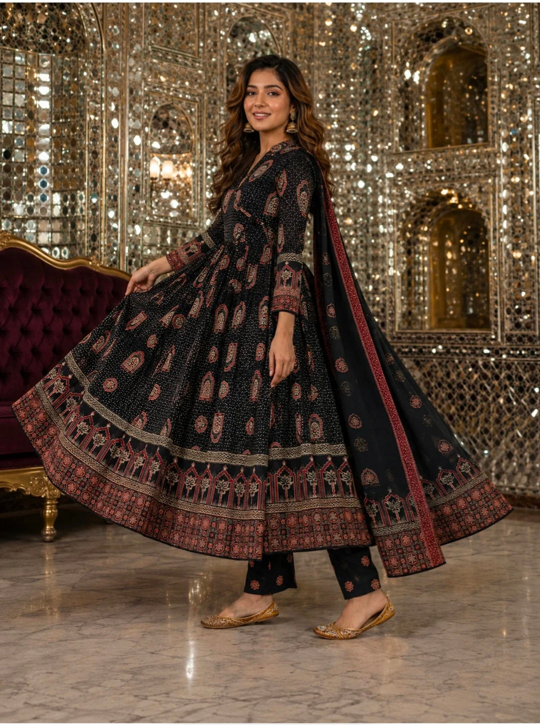 Berrylicious Women Motifs Printed Cotton Angrakha Anarkali Flared Kurta with Pant & Dupatta