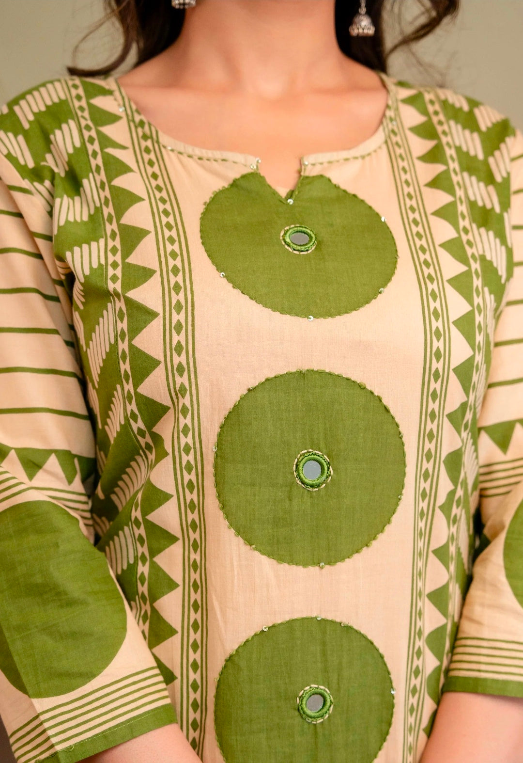 Berrylicious Women Cotton Geometric Printed Straight Kurta Set with Mirror Embroidery & Dupatta