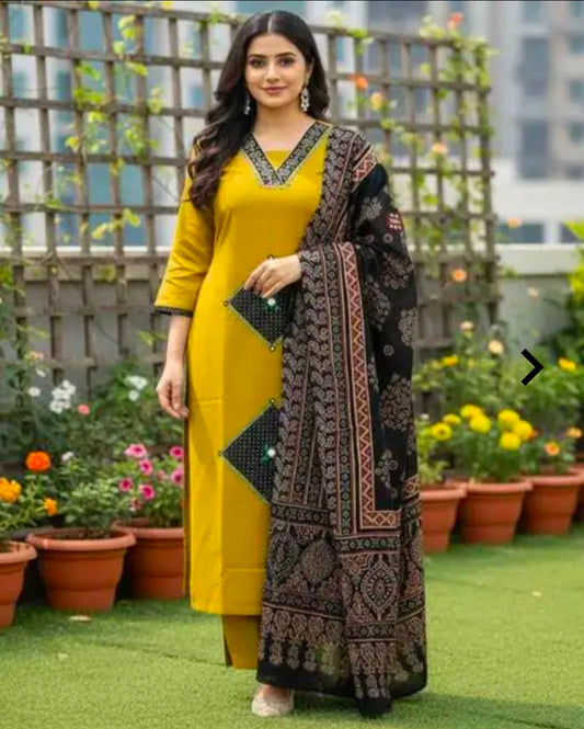 Women's Casual Rayon Cotton Kurta Pant Dupatta Set | 3 Piece Ethnic Set | Straight Fit | Mulmul Dupatta