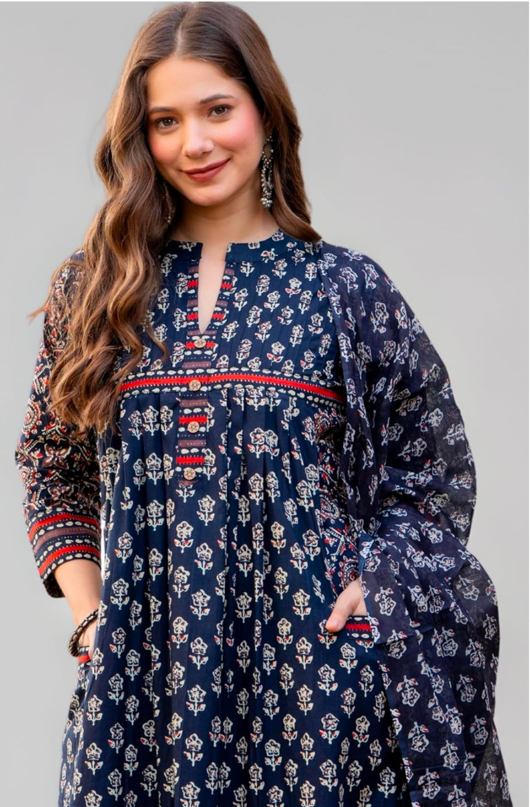 Amayra Women's Pure Cotton Printed A-Line Kurta Set with Palazzo Pants & Dupatta- Ethnic Wear