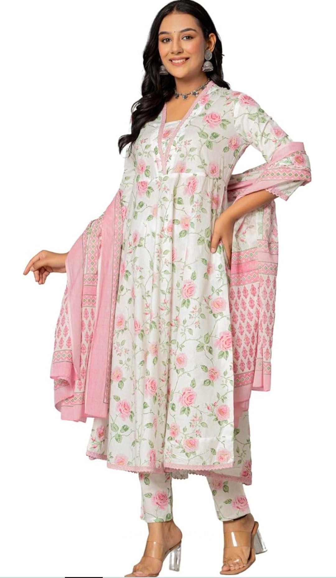 Amayra Women's Cotton Printed Anarkali Kurta with Palazzo Pants and Dupatta