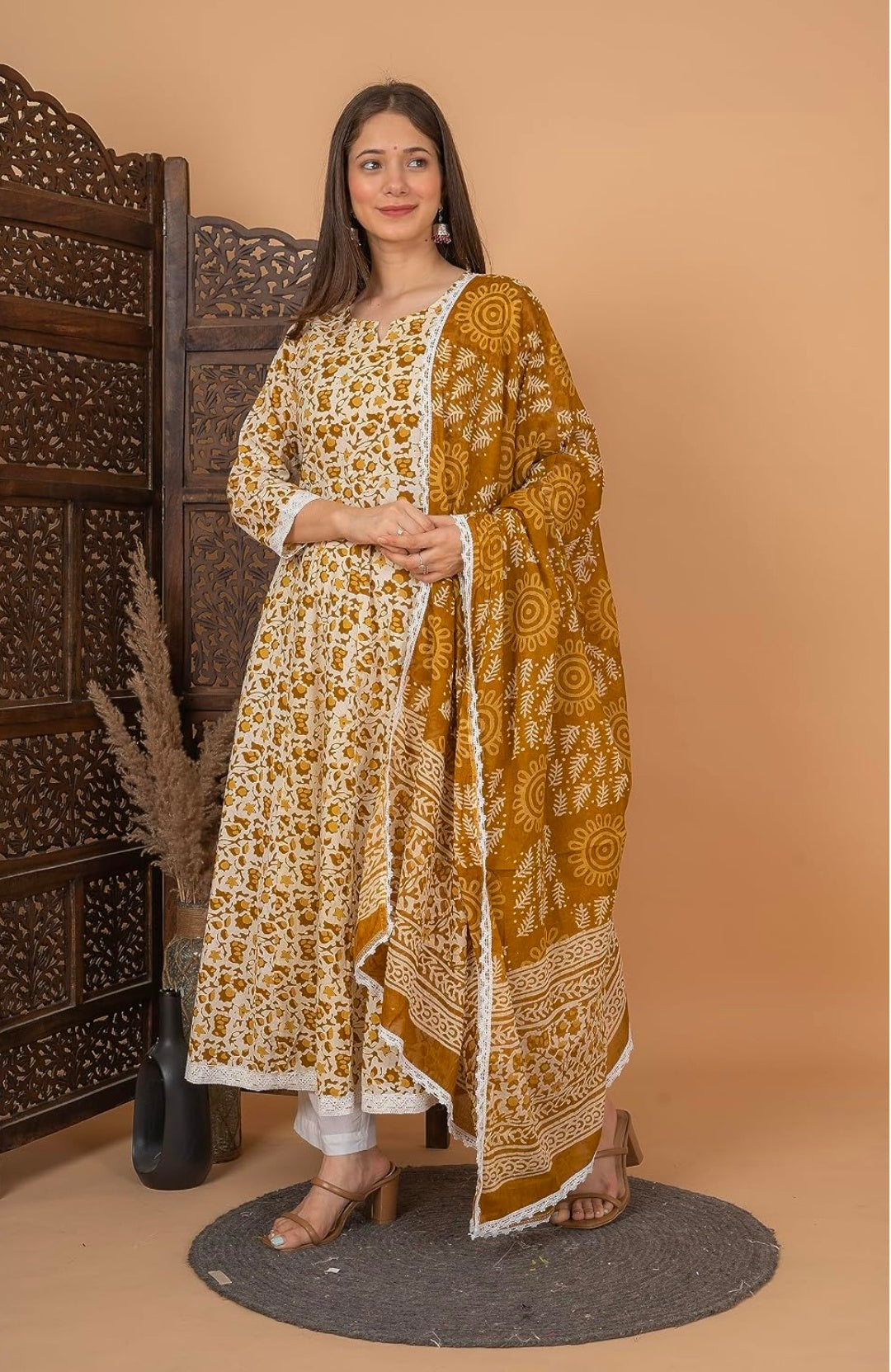 Pure Cotton Printed Anarkali Kurta with Palazzo & Dupatta Set
