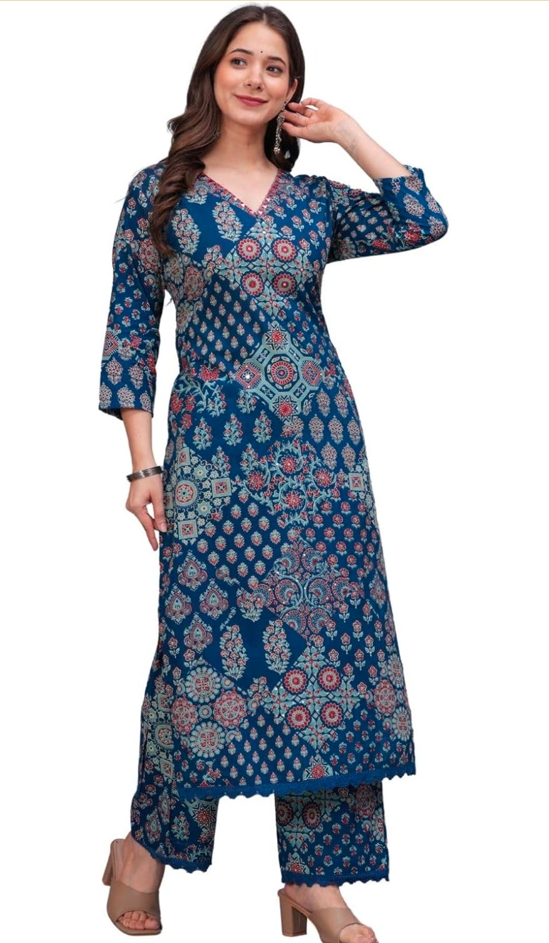 Women's Pure Cotton Printed Straight Kurta Set with Palazzo Pants