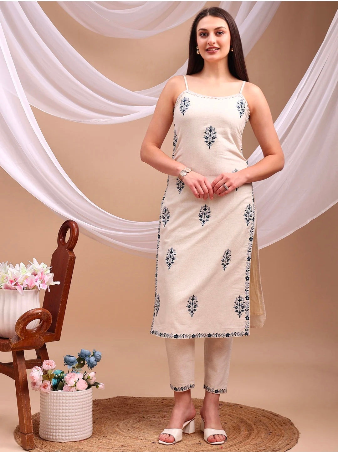 Berrylicious Women Cotton Embroidered Straight Kurta Set with Spaghetti Strap & Straight Pants
