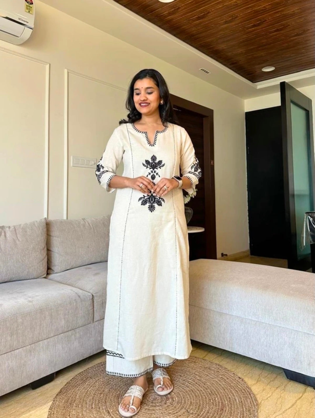 Women's White Khadi Cotton A-Line Kurti Palazzo set