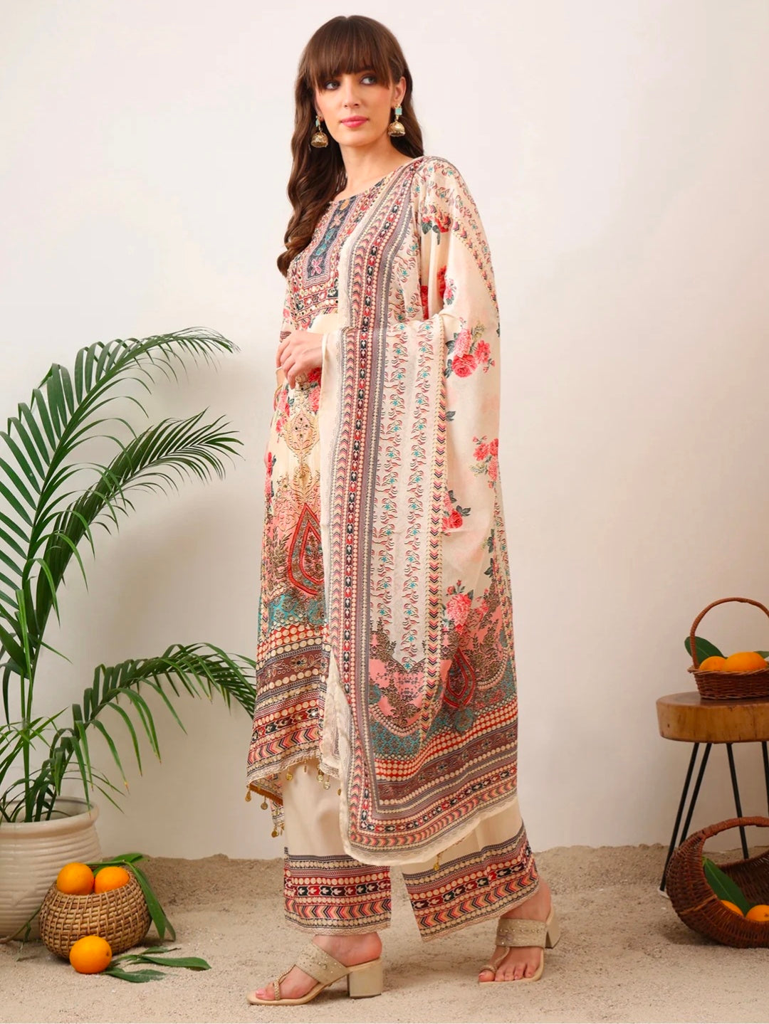 Embroidered & Printed Asymmetric Kurta with Palazzo & Printed Dupatta