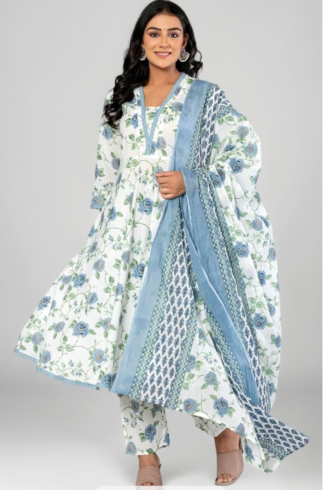 Amayra Women's Cotton Printed Anarkali Kurta with Palazzo Pants and Dupatta