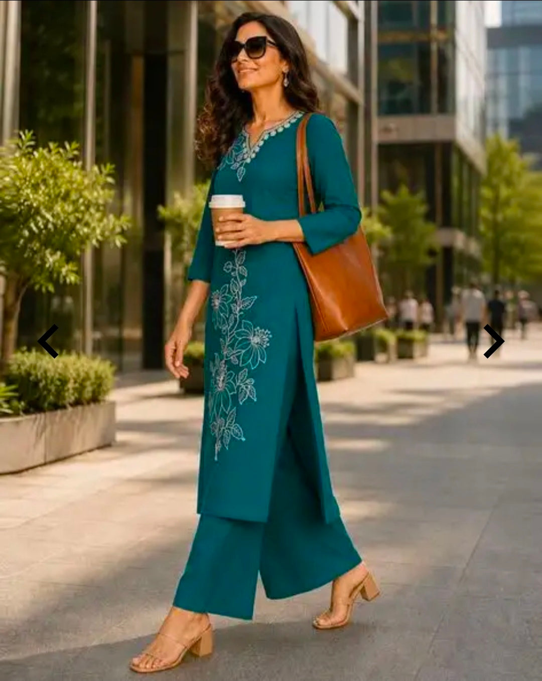 `Women's Cotton Straight Kurta Palazzo Set | Notch-Neckline Statement Embroidered