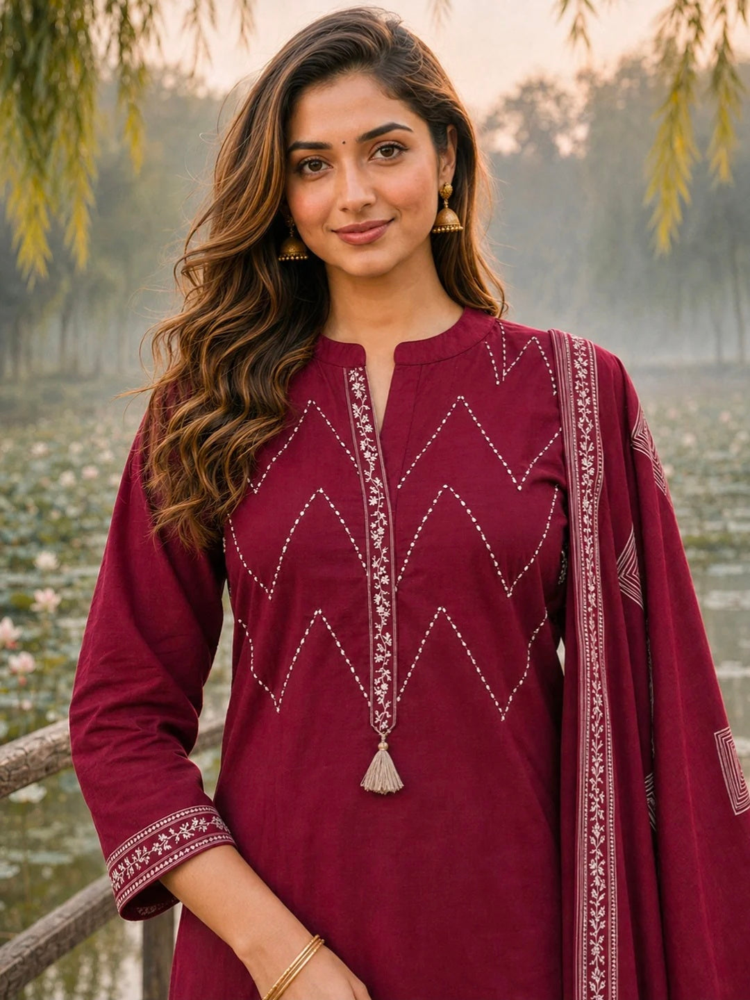 Berrylicious Women Pure Cotton  Printed & Hand Embroidered Kurta with palazzo & Dupatta