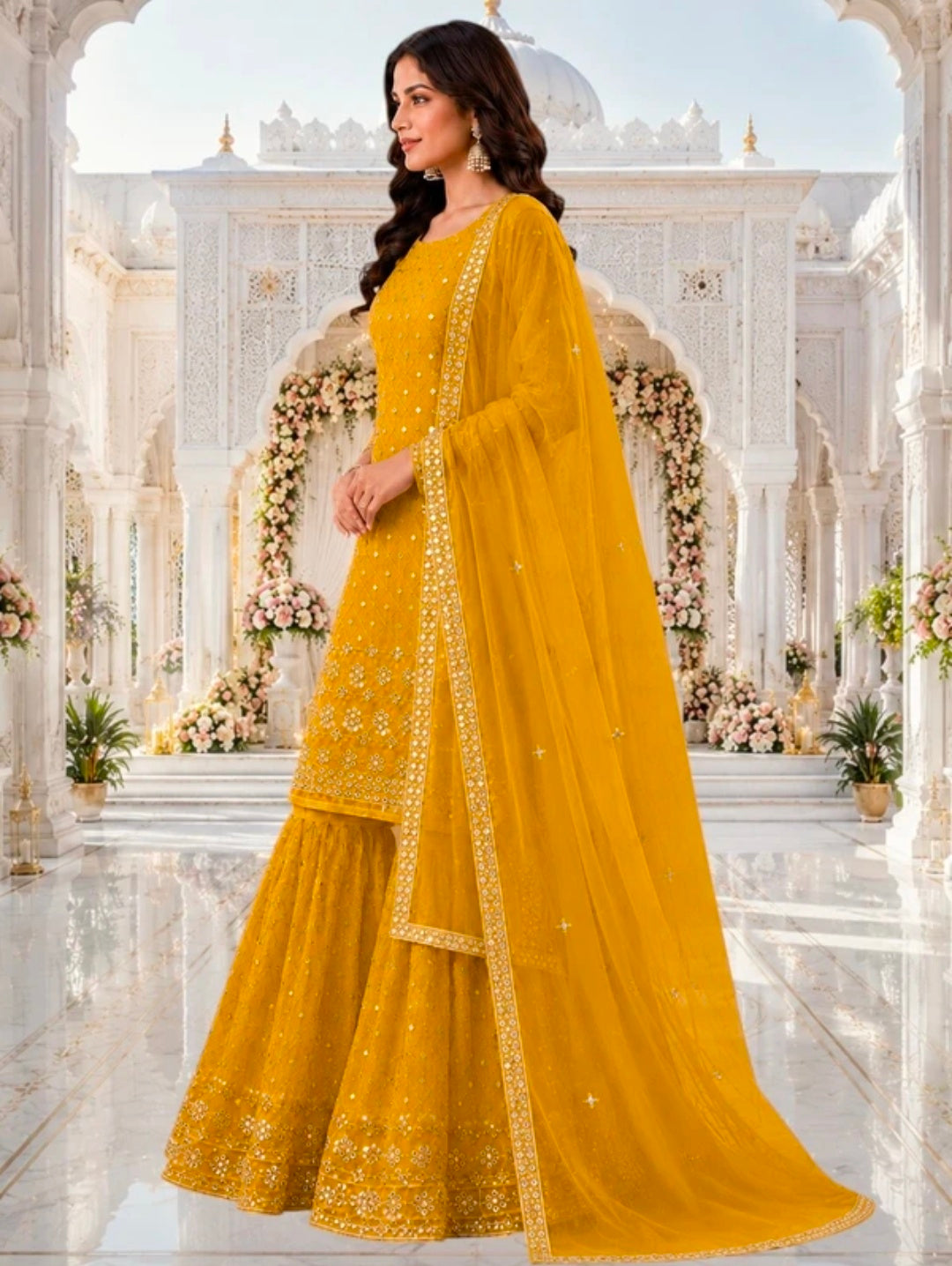Women's Georgette A-line Kurta Sharara & Dupatta Set | Embroidered Sequenced Mirror Work