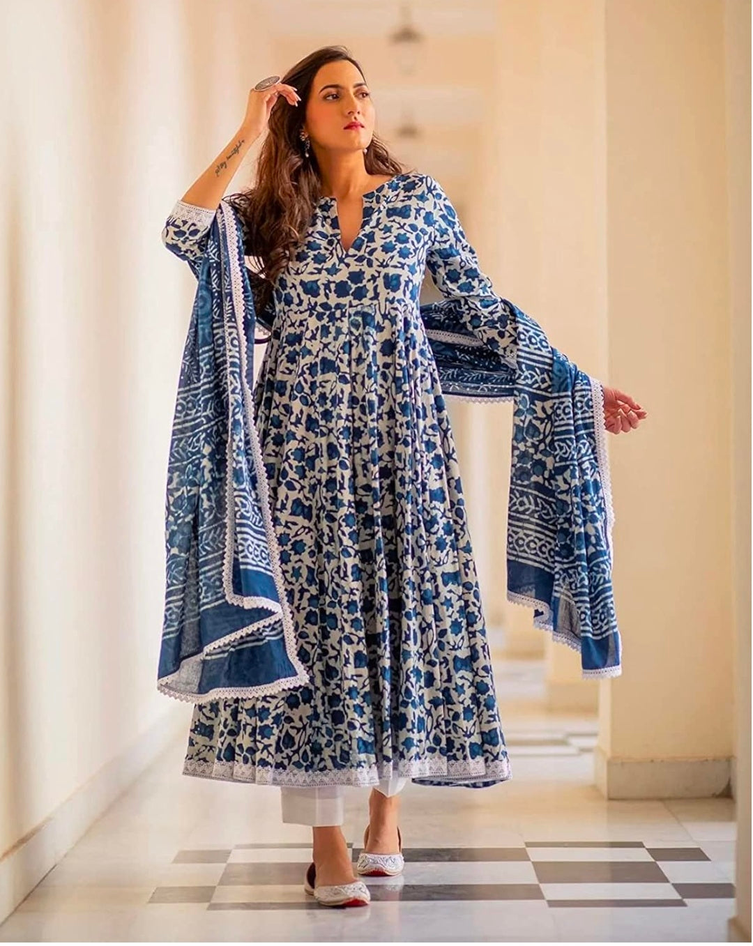 Pure Cotton Printed Anarkali Kurta with Palazzo & Dupatta Set