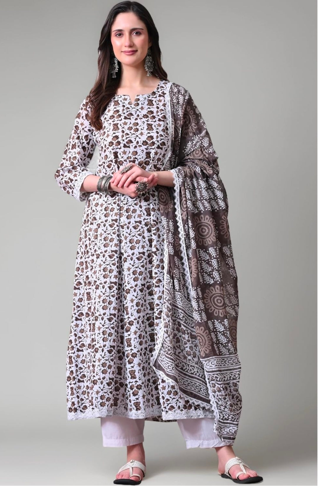 Pure Cotton Printed Anarkali Kurta with Palazzo & Dupatta Set