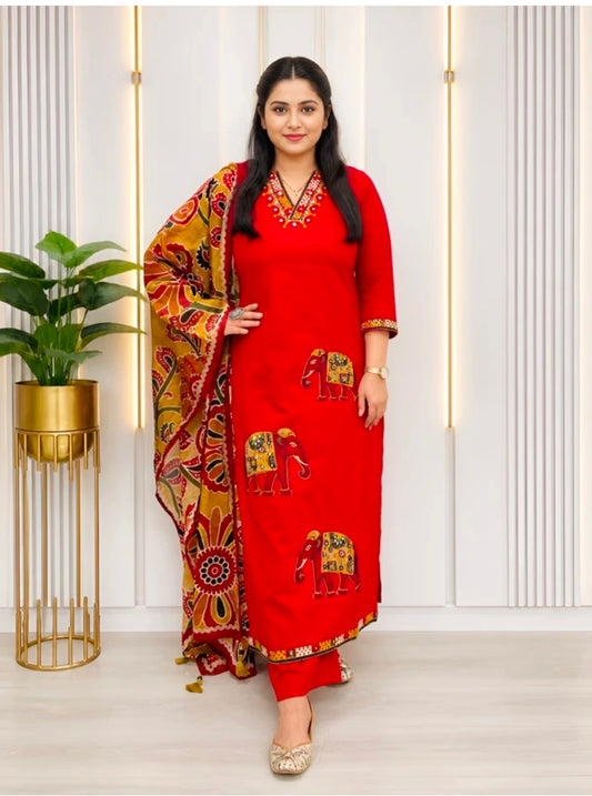 Women's Pure Cotton Straight Kurta Pant Dupatta Set