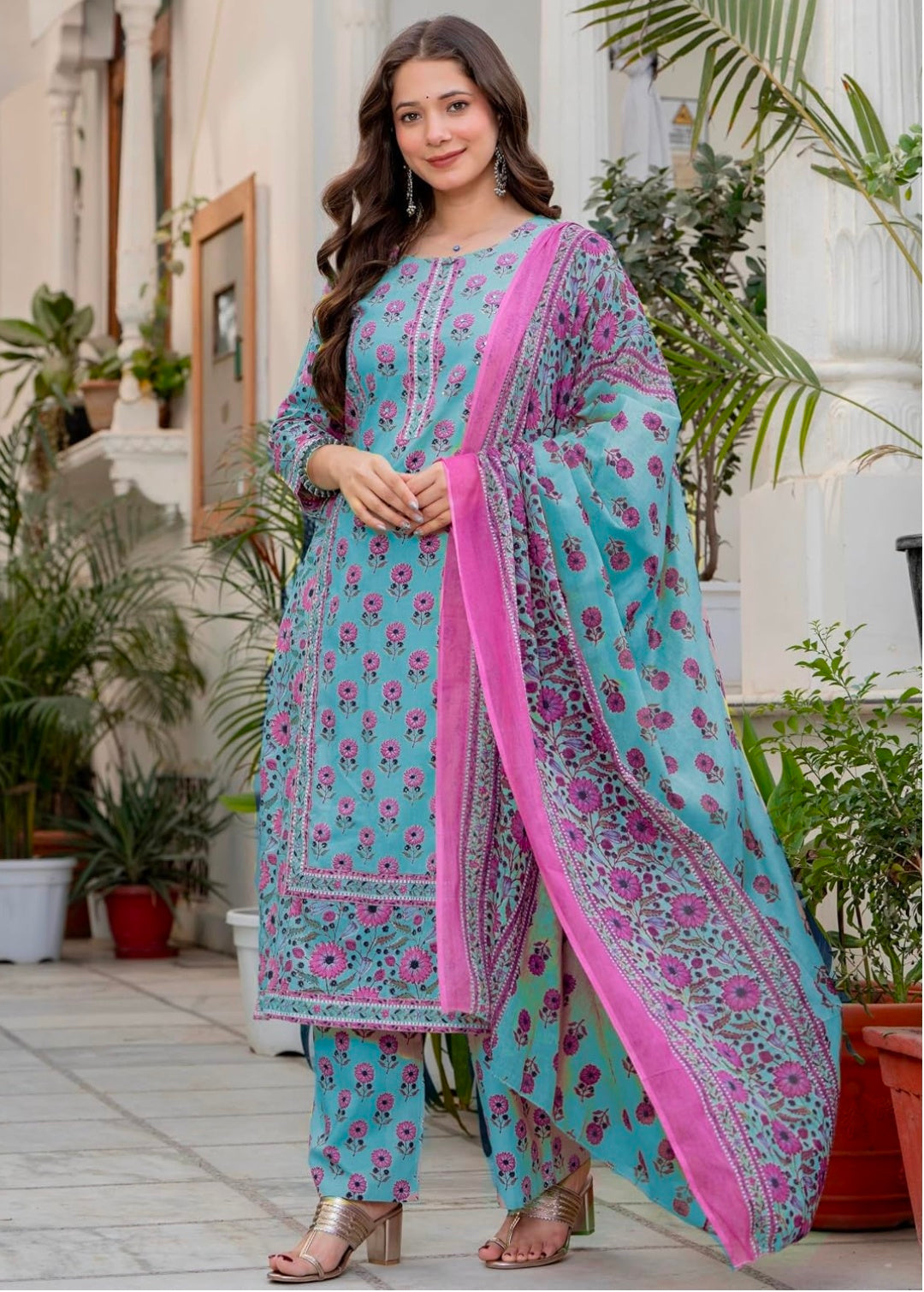 Amayra Women's Pure Cotton Straight Kurta Set with Palazzo Pants & Dupatta|Kurta Set for Women