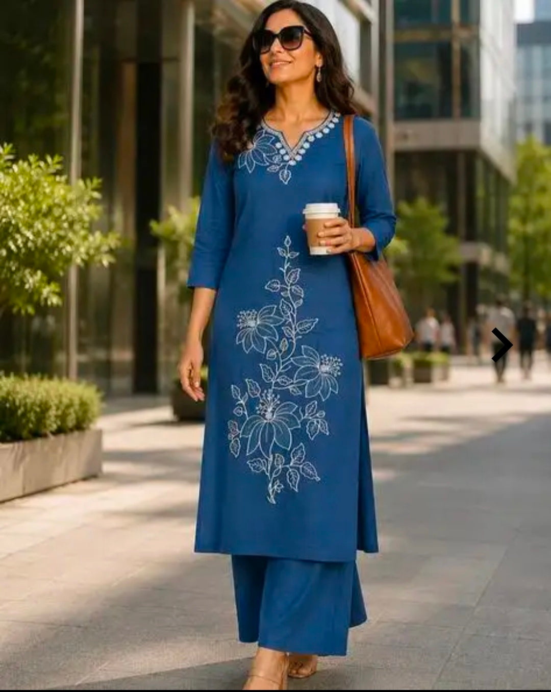 `Women's Cotton Straight Kurta Palazzo Set | Notch-Neckline Statement Embroidered