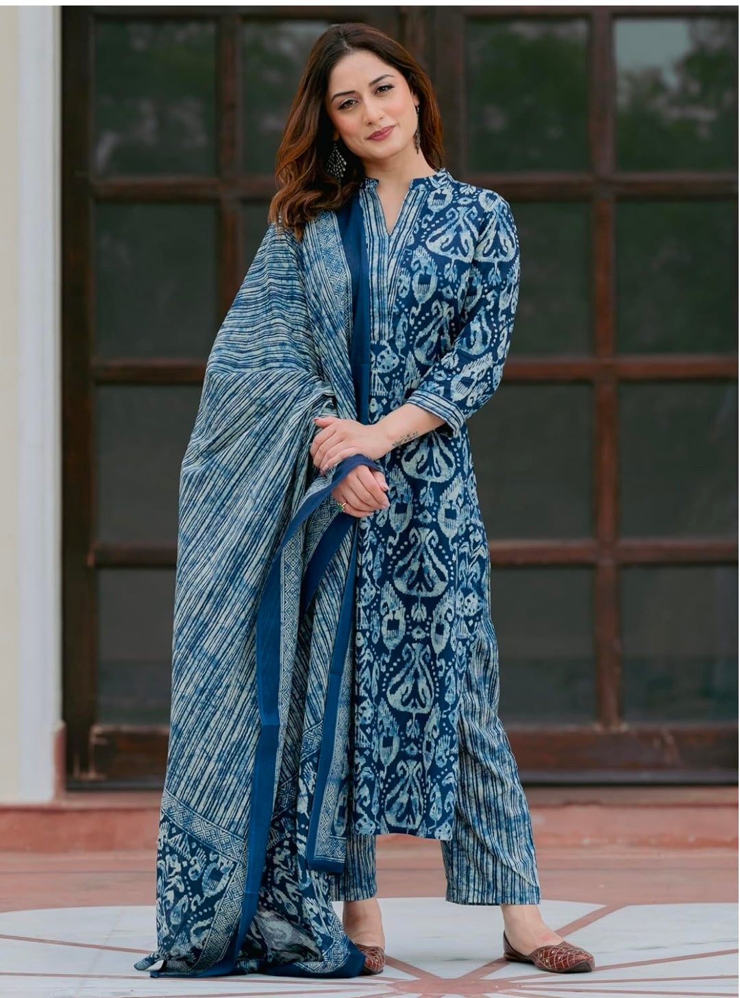 Arayna Women’s 100% Pure Cotton Ikat Printed Ethnic Straight Kurta Pant and Dupatta Set for Women