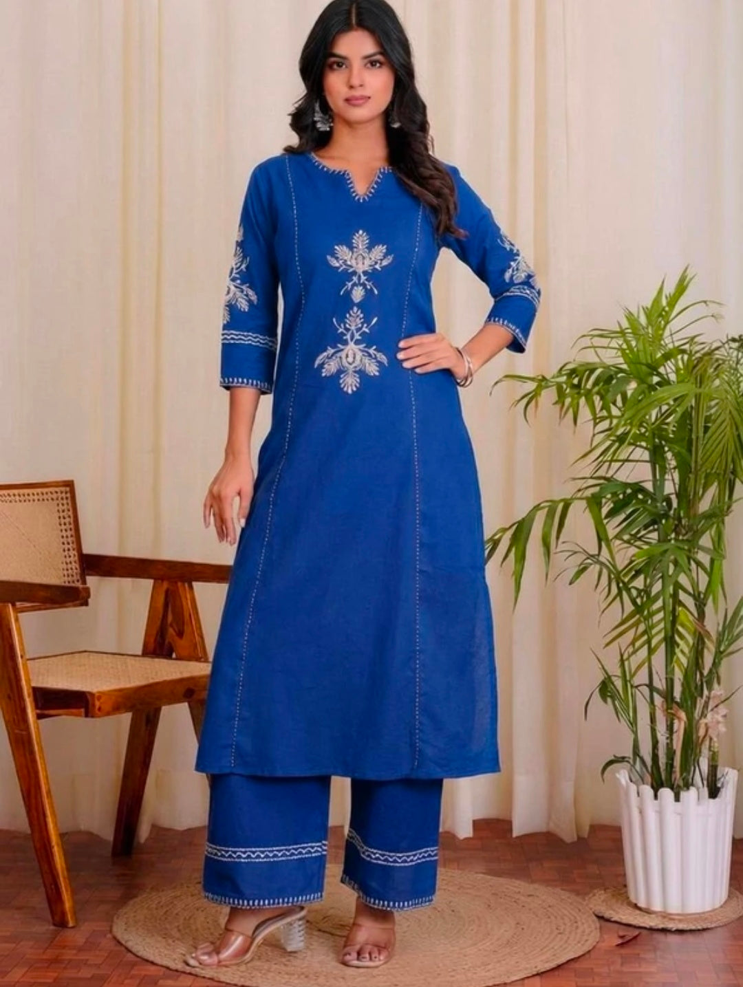 Women's White Khadi Cotton A-Line Kurti Palazzo set