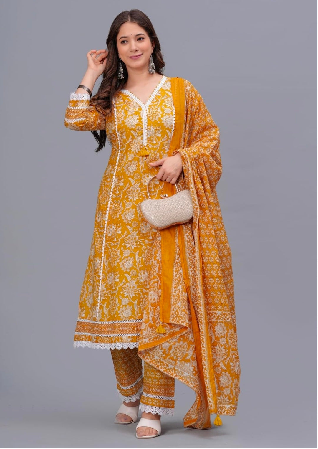 Amayra Women's Pure Cotton Printed Straight Kurta Set with Palazzo Pants & Dupatta- Ethnic Wear
