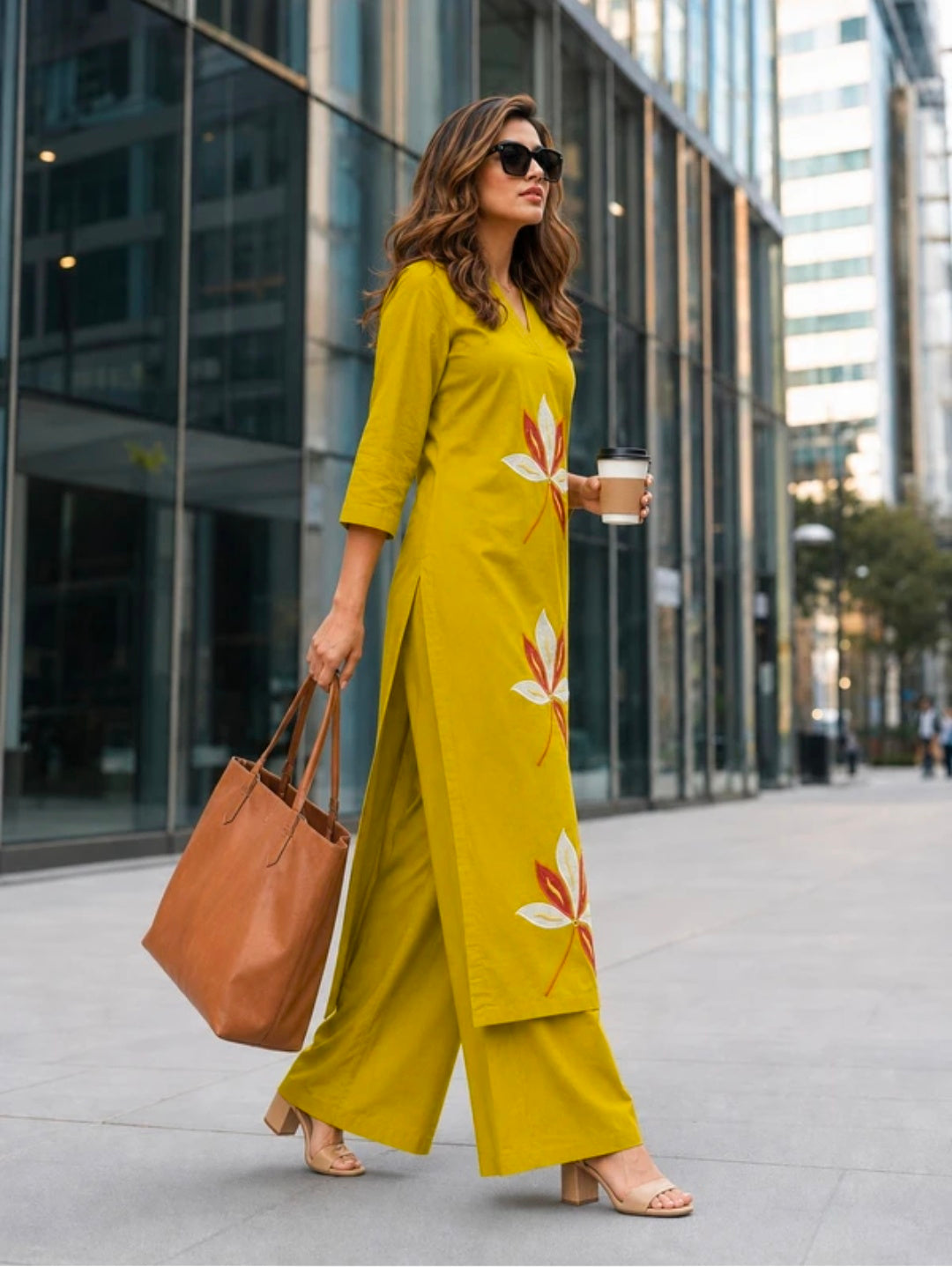 Women's Cotton Straight-Fit Kurta with V-Neck and Embroidered Palazzos Set | 2 Piece Casual Co-ord Set