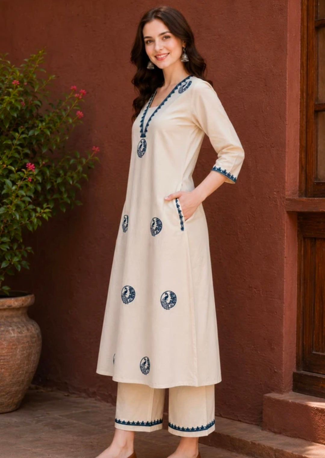 Women's Pure Cotton A-Line Kurta Palazzo Pant Set | Embroidered Ethnic Motifs Style