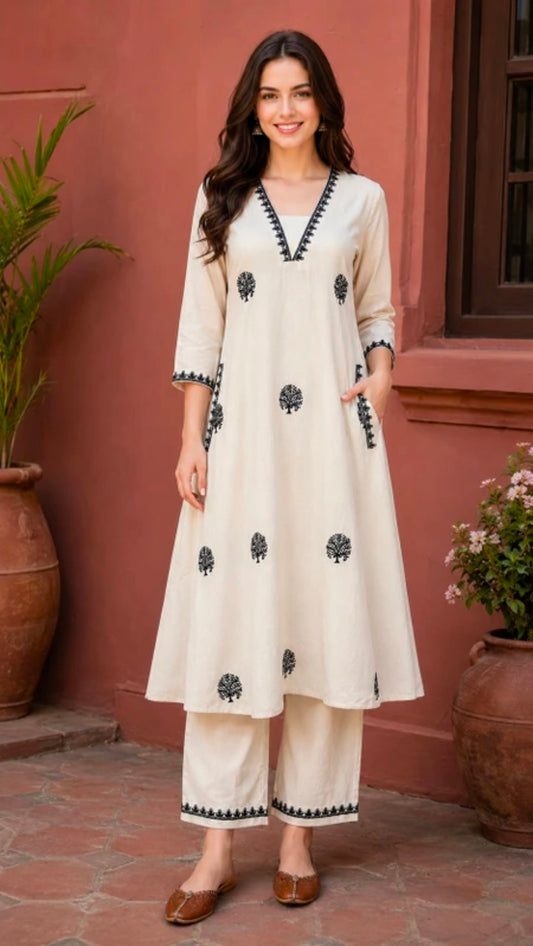 Women's Pure Cotton A-Line Kurta Palazzo Pant Set | Embroidered Ethnic Motifs Style