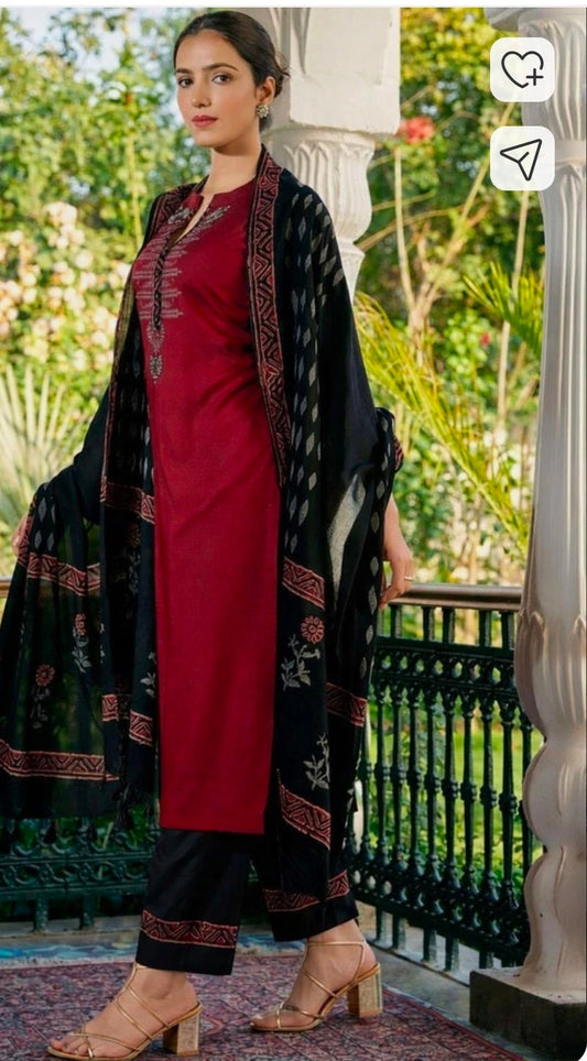 Jaipuri Bunaai Maroon Black Embroidered Viscose Rayon Kurta Palazzo Dupatta Set