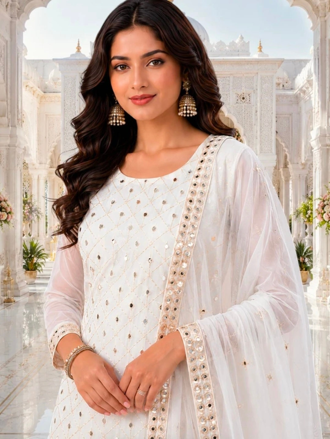 Women's Georgette A-line Kurta Sharara & Dupatta Set | Embroidered Sequenced Mirror Work