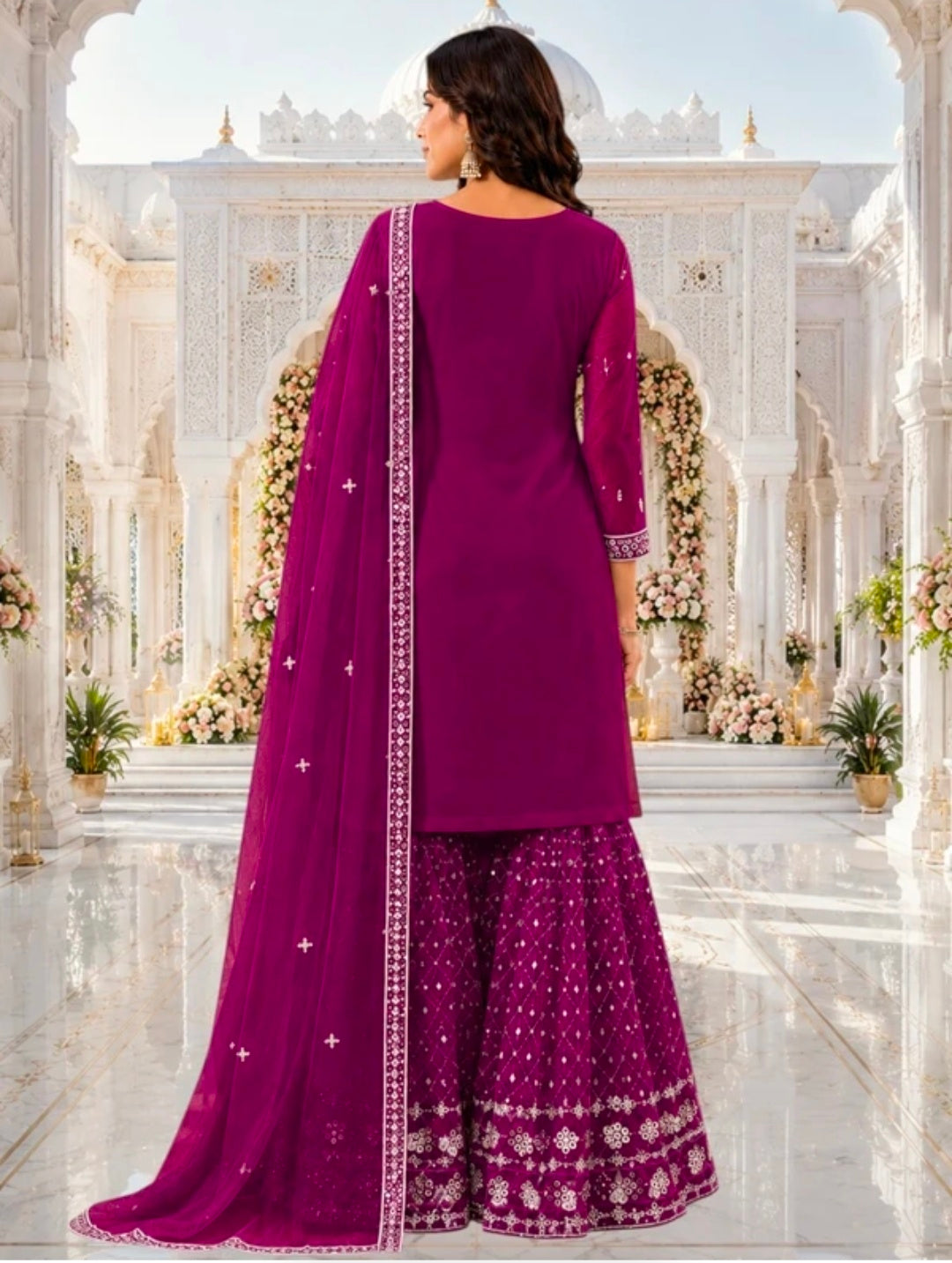 Women's Georgette A-line Kurta Sharara & Dupatta Set | Embroidered Sequenced Mirror Work