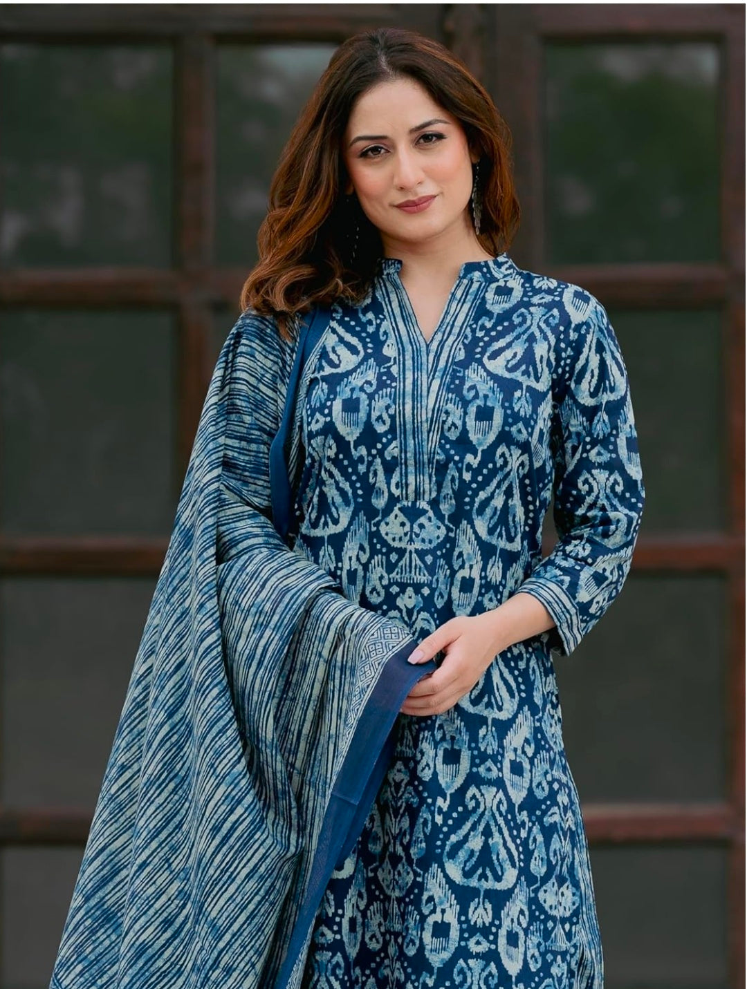 Arayna Women’s 100% Pure Cotton Ikat Printed Ethnic Straight Kurta Pant and Dupatta Set for Women