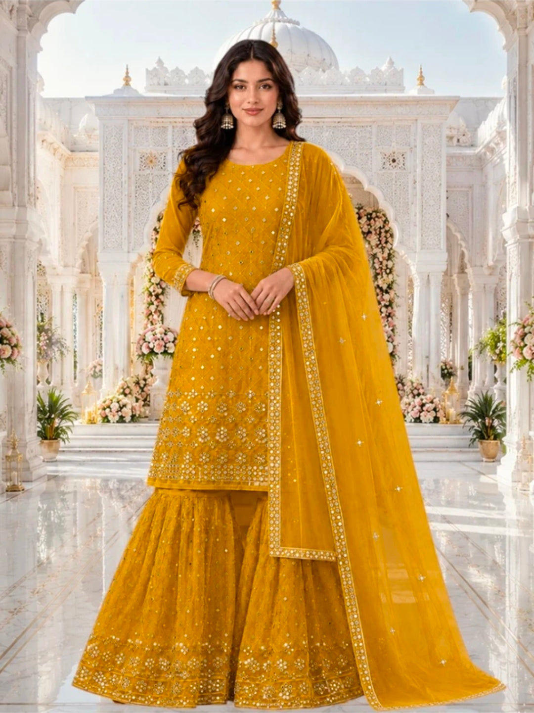 Women's Georgette A-line Kurta Sharara & Dupatta Set | Embroidered Sequenced Mirror Work