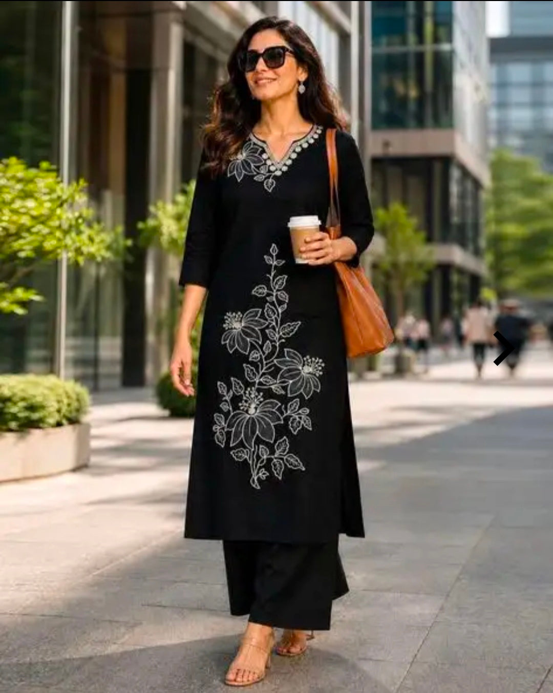 `Women's Cotton Straight Kurta Palazzo Set | Notch-Neckline Statement Embroidered