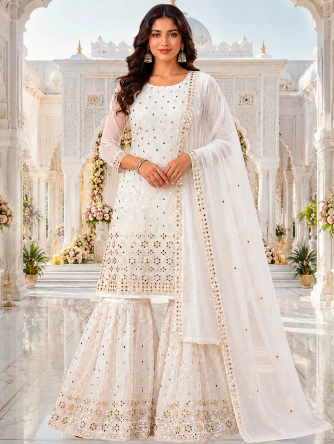 Women's Georgette A-line Kurta Sharara & Dupatta Set | Embroidered Sequenced Mirror Work