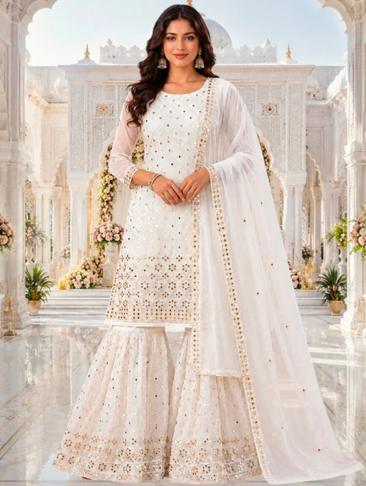 Women's Georgette A-line Kurta Sharara & Dupatta Set | Embroidered Sequenced Mirror Work