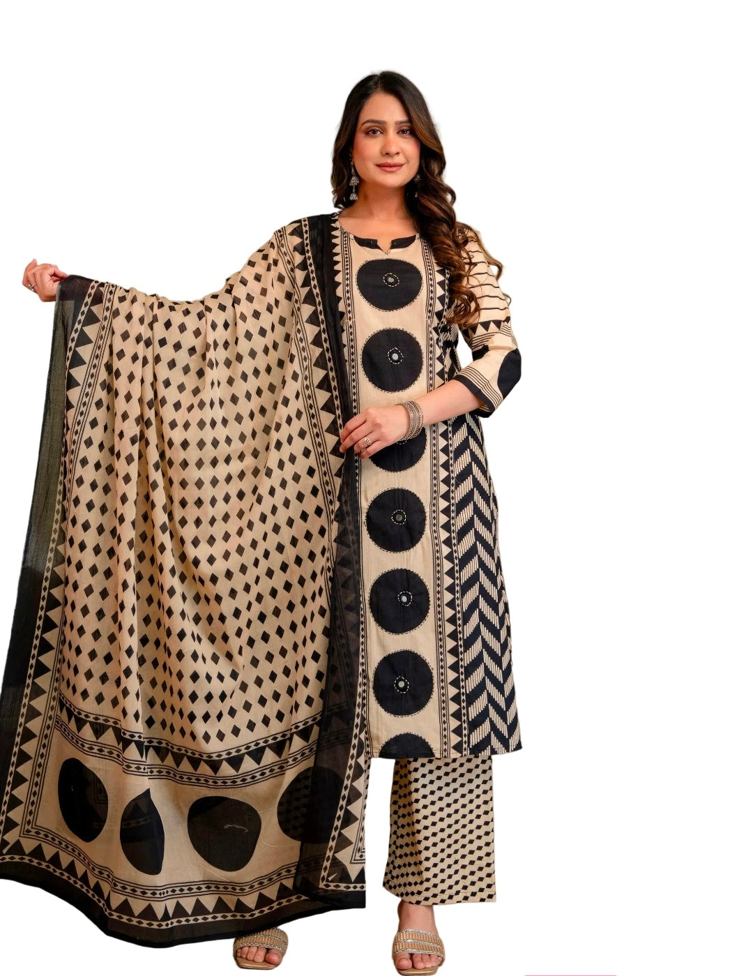 Berrylicious Women Cotton Geometric Printed Straight Kurta Set with Mirror Embroidery & Dupatta