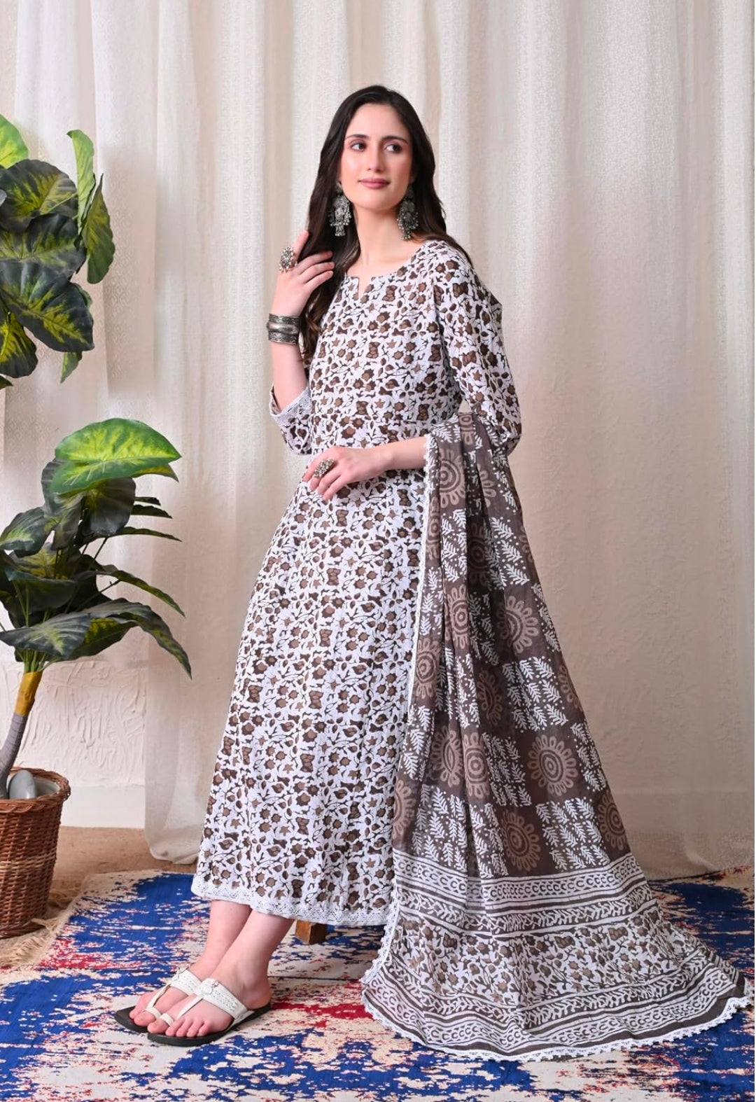 Pure Cotton Printed Anarkali Kurta with Palazzo & Dupatta Set