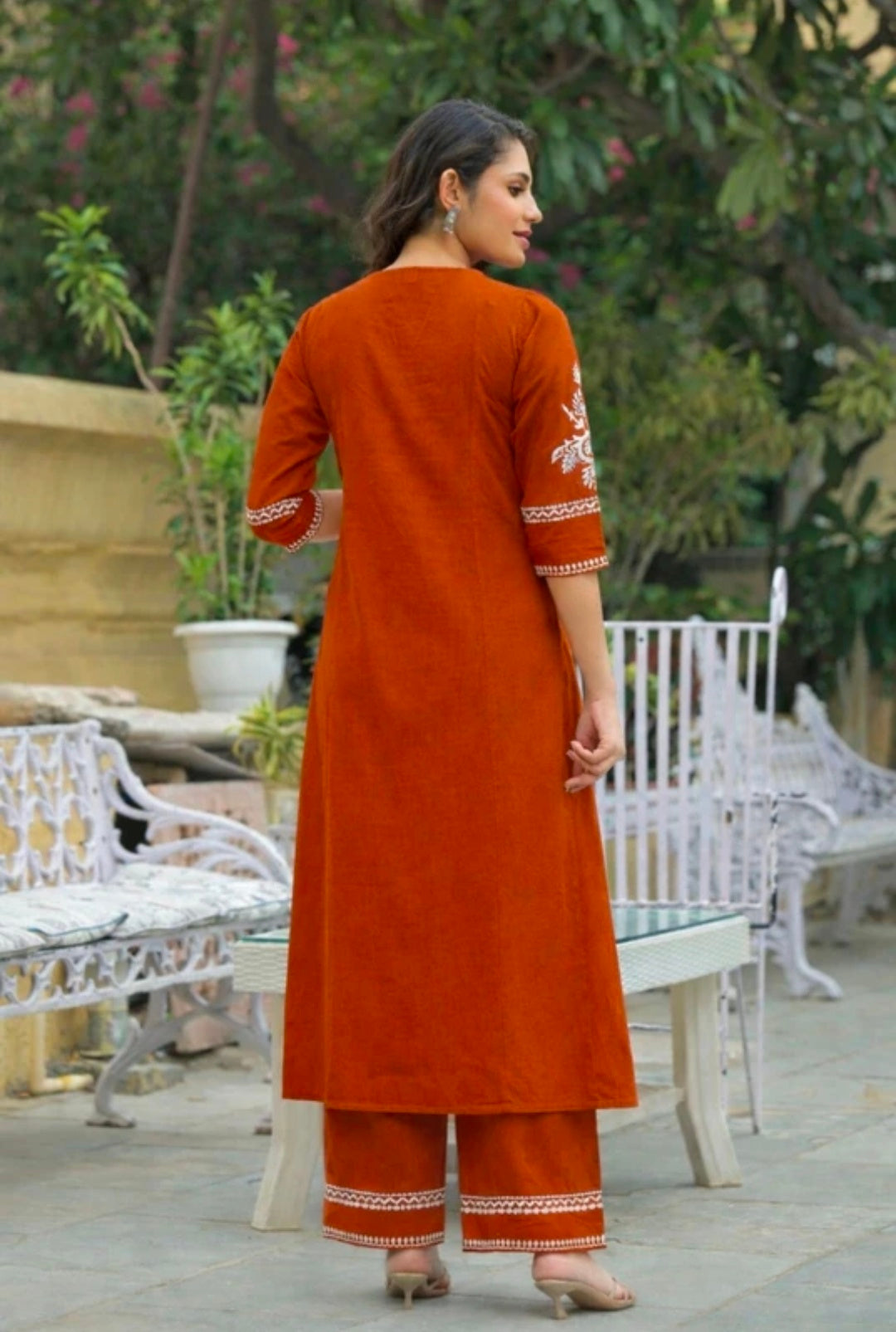 Women's White Khadi Cotton A-Line Kurti Palazzo set
