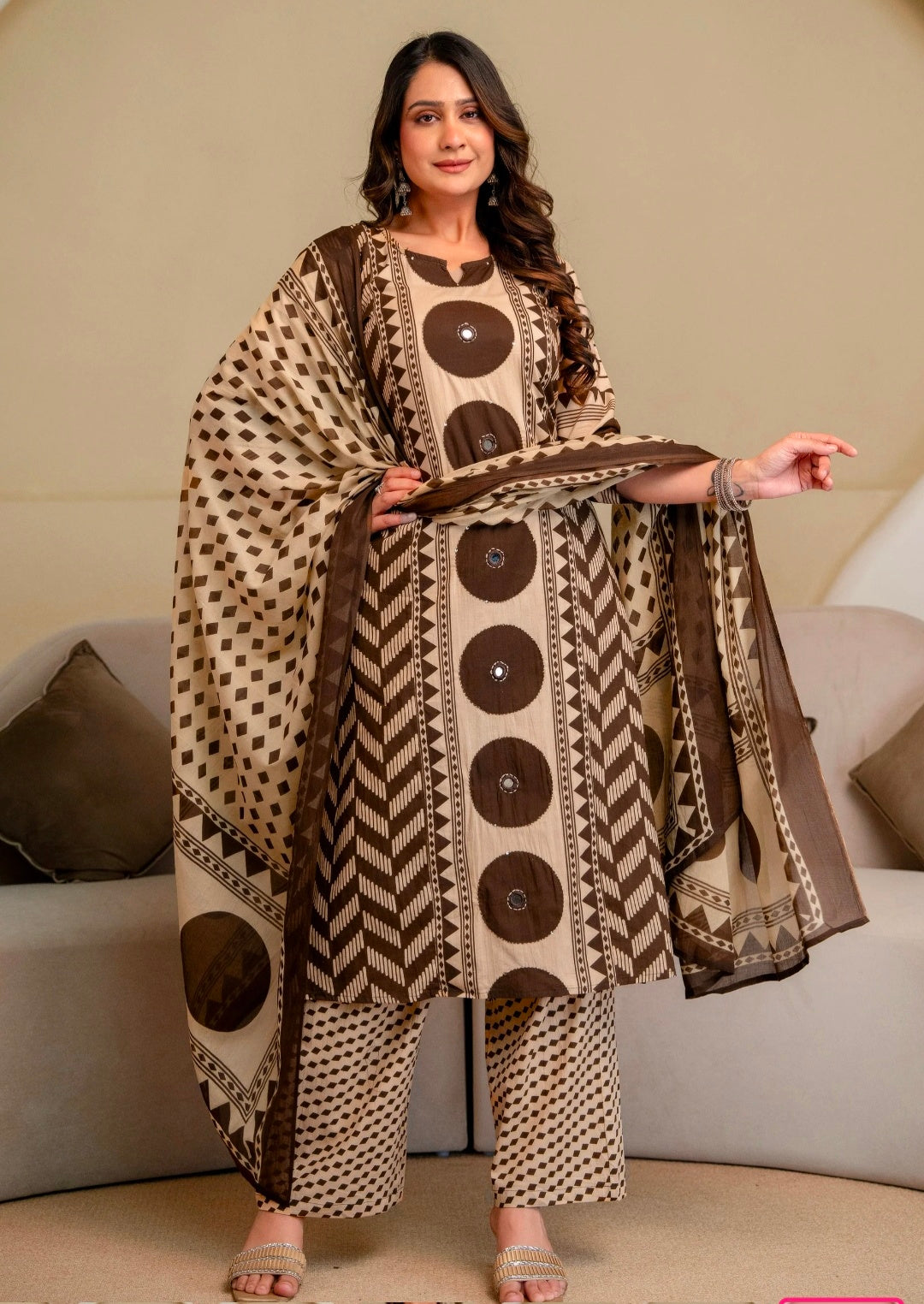 Berrylicious Women Cotton Geometric Printed Straight Kurta Set with Mirror Embroidery & Dupatta